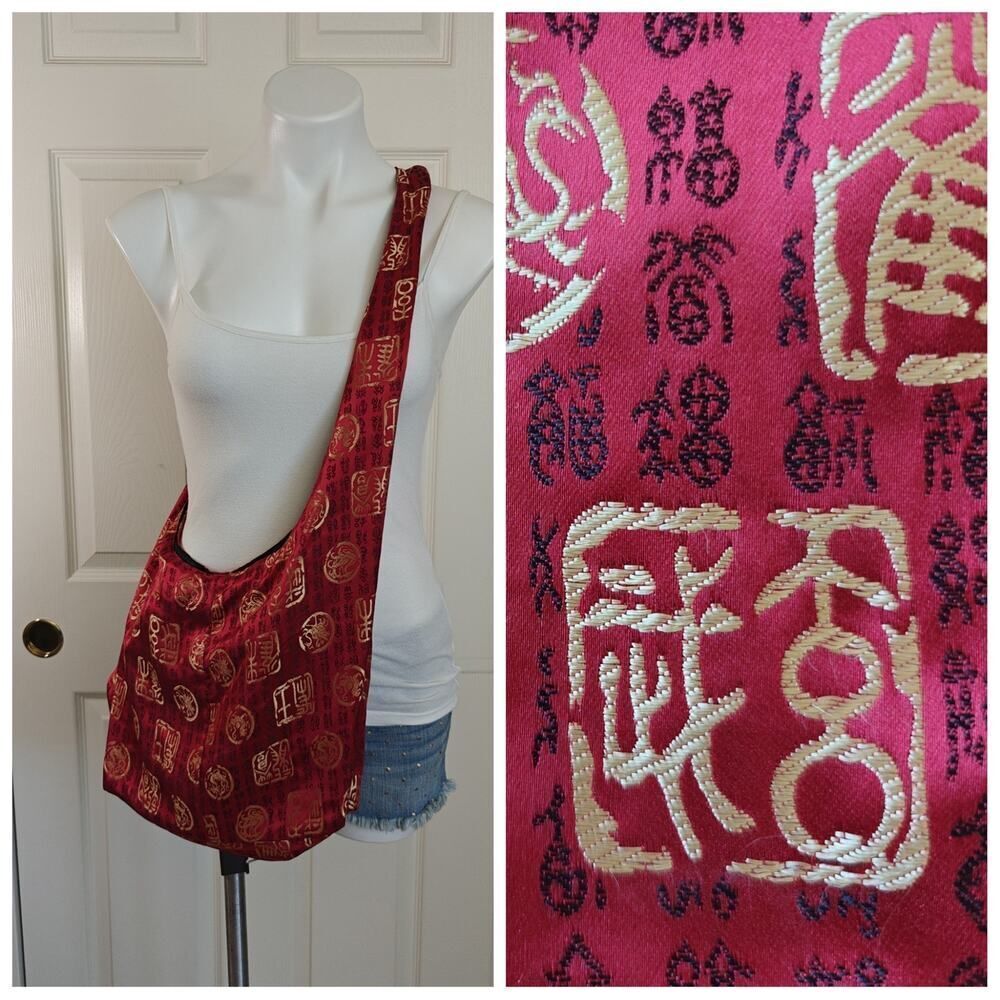 Pearl River Asian brocade red gold sling bag